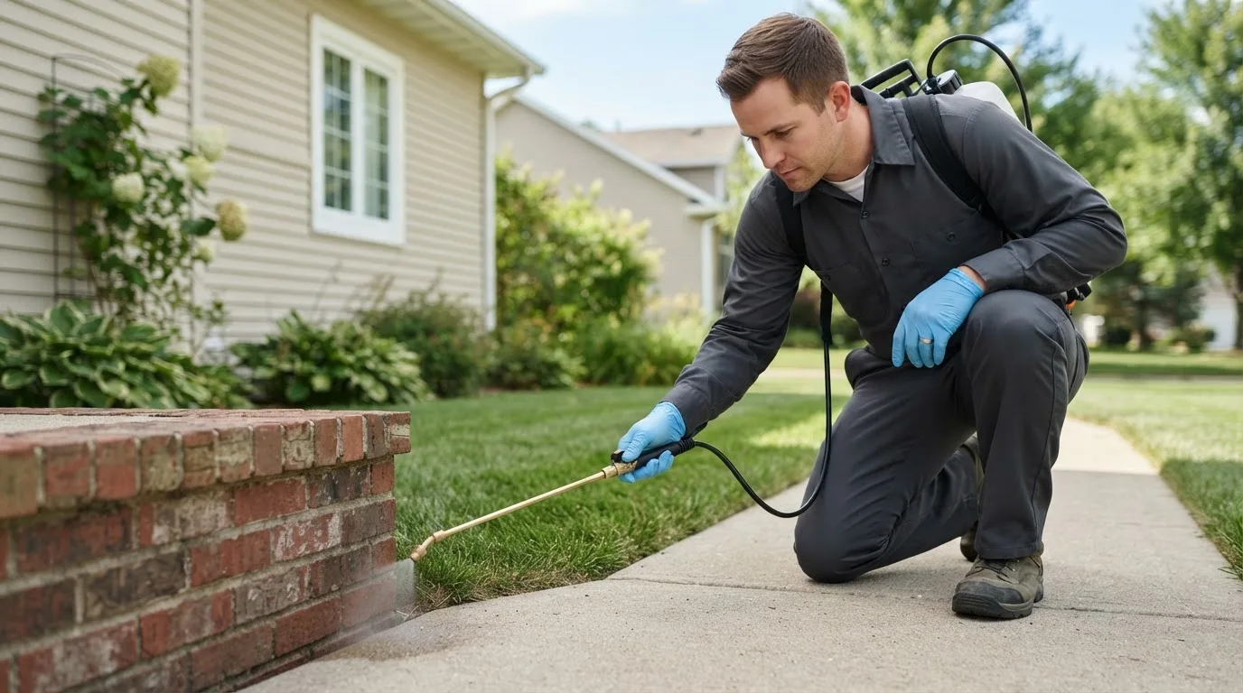 Pest control technician treating a home near Rolfe, IA