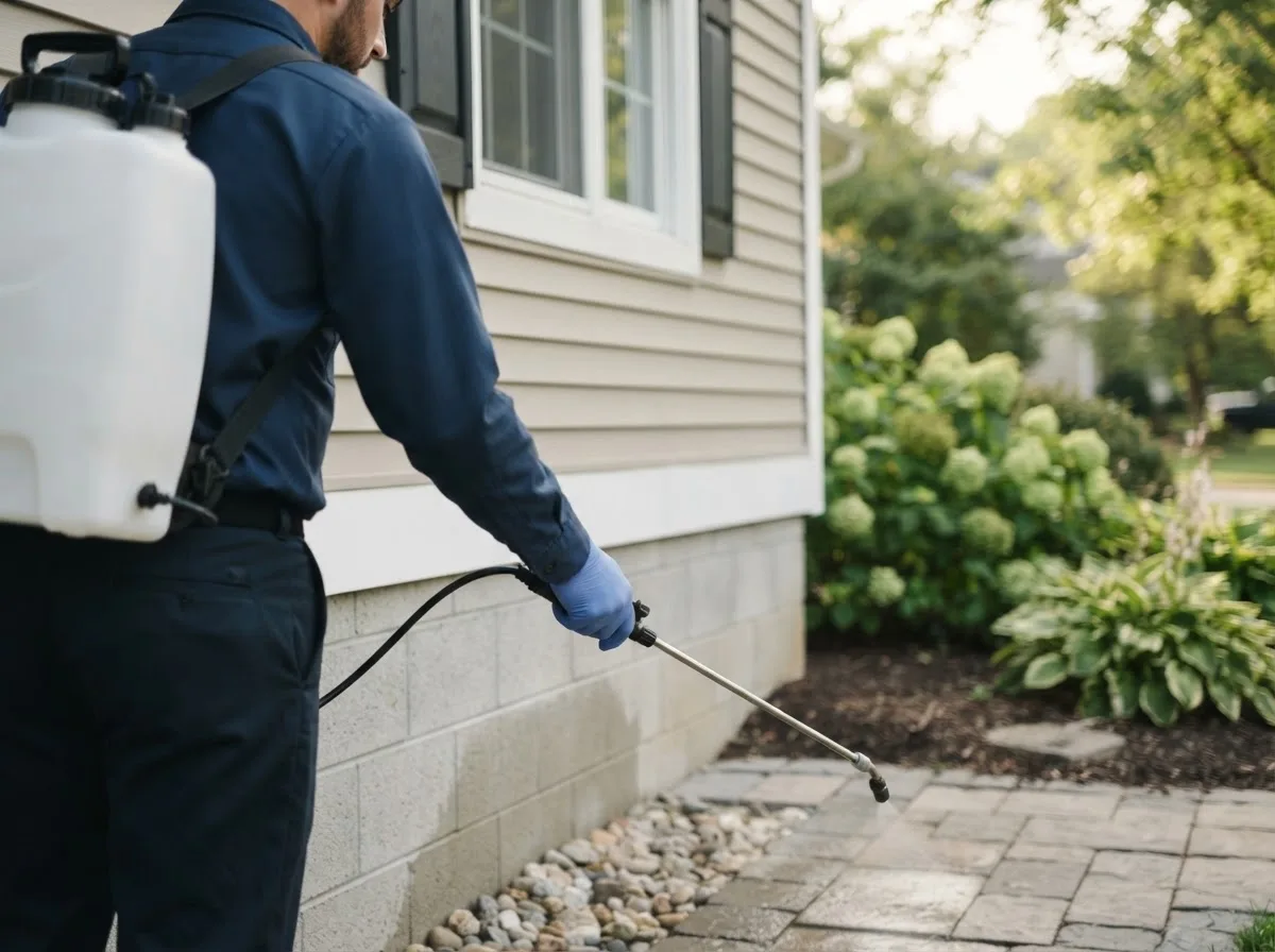 Pest control technician inspecting a home in Rolfe, IA